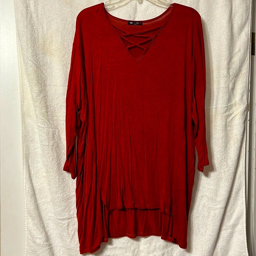 Red Tunic with Criss-Cross Neckline Detail